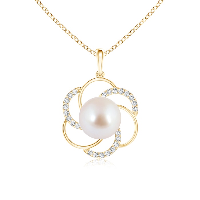 8mm AAA Akoya Cultured Pearl Flower Pendant with Diamonds in Yellow Gold