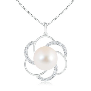 10mm AAA Freshwater Cultured Pearl Flower Pendant with Diamonds in White Gold