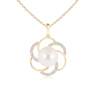 8mm AAA Freshwater Cultured Pearl Flower Pendant with Diamonds in Yellow Gold