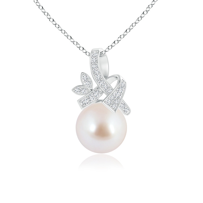 8mm AAA Japanese Akoya Pearl Pendant with Diamond Ribbon in White Gold