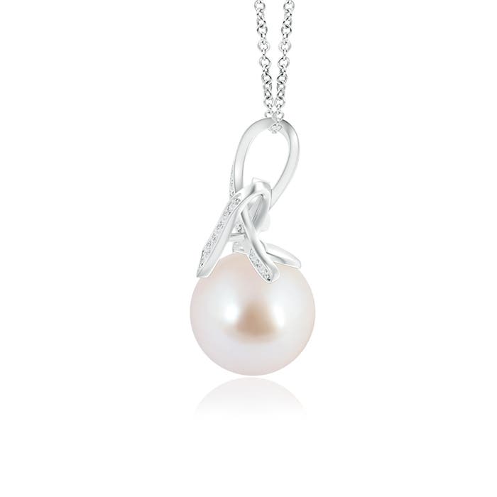 8mm AAA Japanese Akoya Pearl Pendant with Diamond Ribbon in White Gold