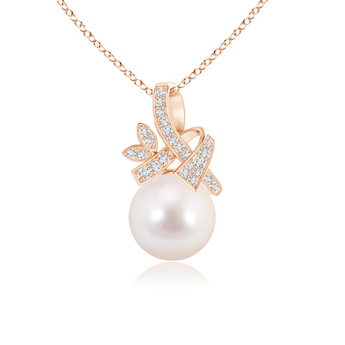 8mm AAAA Japanese Akoya Pearl Pendant with Diamond Ribbon in Rose Gold