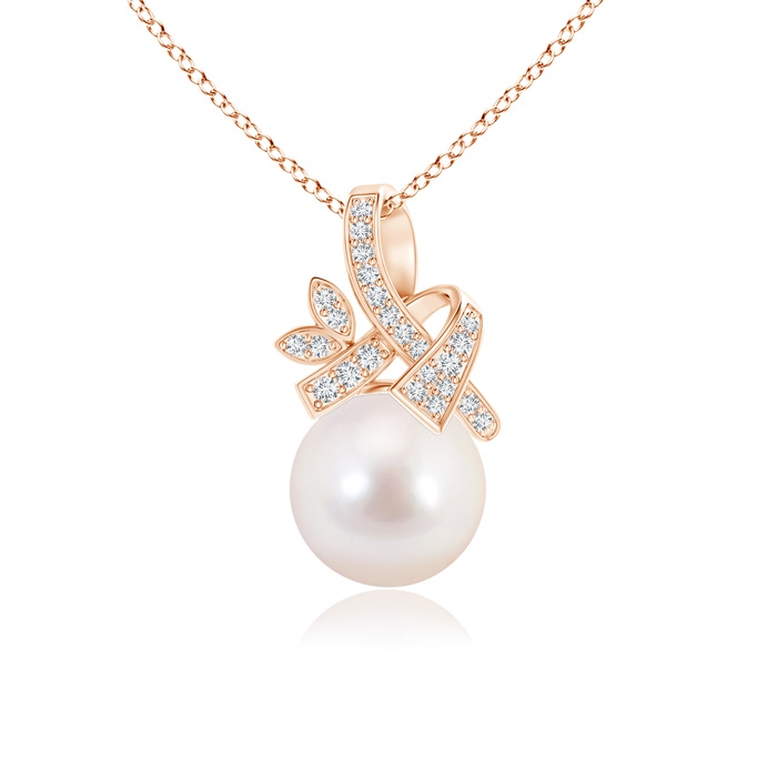 8mm AAAA Japanese Akoya Pearl Pendant with Diamond Ribbon in Rose Gold 