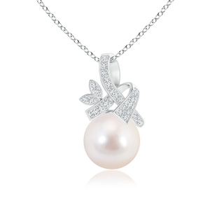 8mm AAAA Japanese Akoya Pearl Pendant with Diamond Ribbon in White Gold