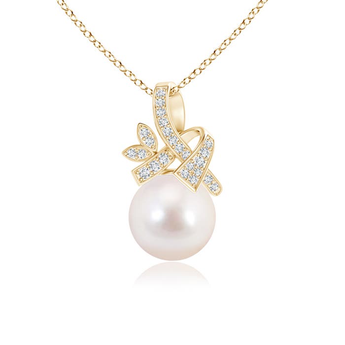 8mm AAAA Japanese Akoya Pearl Pendant with Diamond Ribbon in Yellow Gold