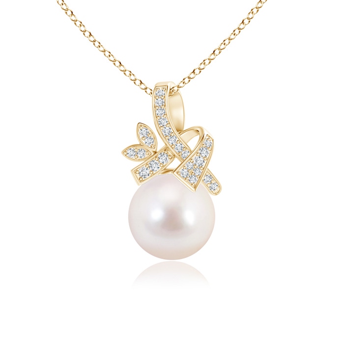 8mm AAAA Japanese Akoya Pearl Pendant with Diamond Ribbon in Yellow Gold