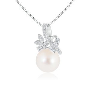 8mm AAA Freshwater Cultured Pearl Pendant with Diamond Ribbon in White Gold