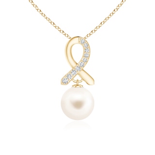 10mm AAA Freshwater Cultured Pearl Drop Pendant with Diamond Ribbon in Yellow Gold