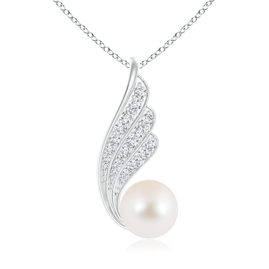 10mm AAA Freshwater Pearl Angel Wing Pendant with Diamonds in White Gold 