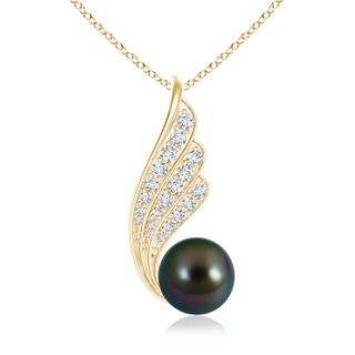 10mm AAAA Tahitian Cultured Pearl Angel Wing Pendant with Diamonds in Yellow Gold