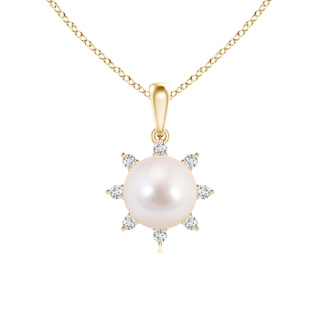 8mm AAAA Akoya Cultured Pearl and Diamond Flower Pendant in Yellow Gold