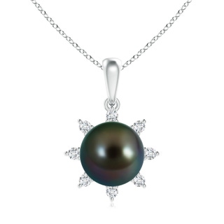 10mm AAAA Tahitian Cultured Pearl and Diamond Flower Pendant in White Gold