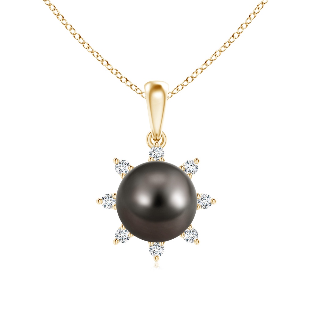 9mm AAA Tahitian Cultured Pearl and Diamond Flower Pendant in Yellow Gold 