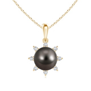 9mm AAA Tahitian Cultured Pearl and Diamond Flower Pendant in Yellow Gold