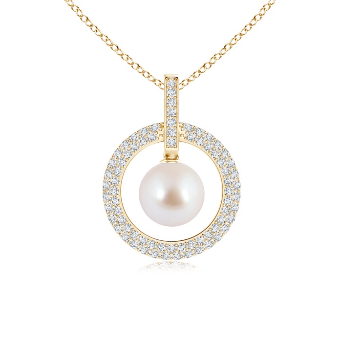 8mm AAA Akoya Cultured Pearl and Diamond Open Circle Pendant in Yellow Gold