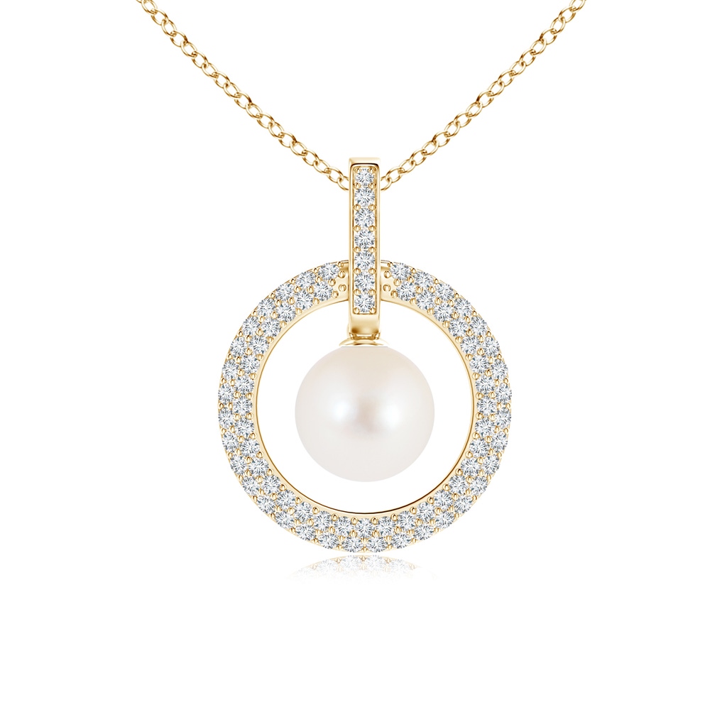 8mm AAA Freshwater Cultured Pearl and Diamond Open Circle Pendant in Yellow Gold