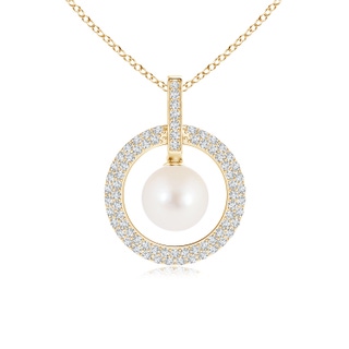 8mm AAA Freshwater Cultured Pearl and Diamond Open Circle Pendant in Yellow Gold