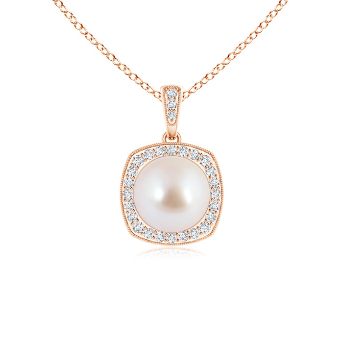 8mm AAA Akoya Cultured Pearl Halo Pendant with Milgrain in Rose Gold