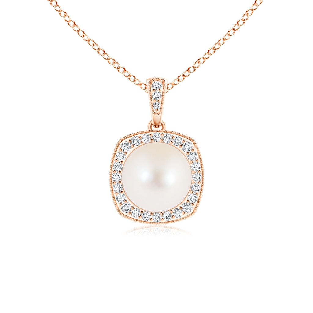 8mm AAA Freshwater Cultured Pearl Halo Pendant with Milgrain in Rose Gold