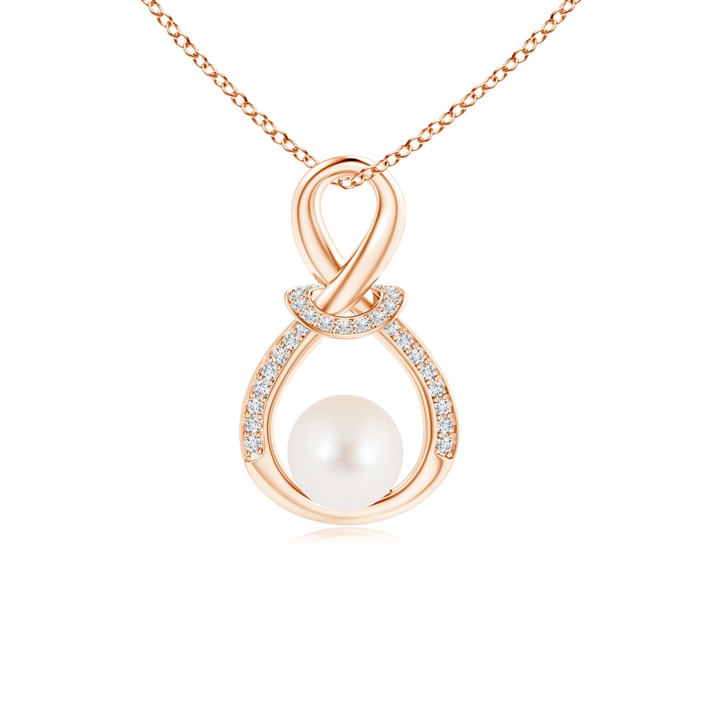 6mm AAA Freshwater Pearl Infinity Knot Pendant with Diamonds in Rose Gold