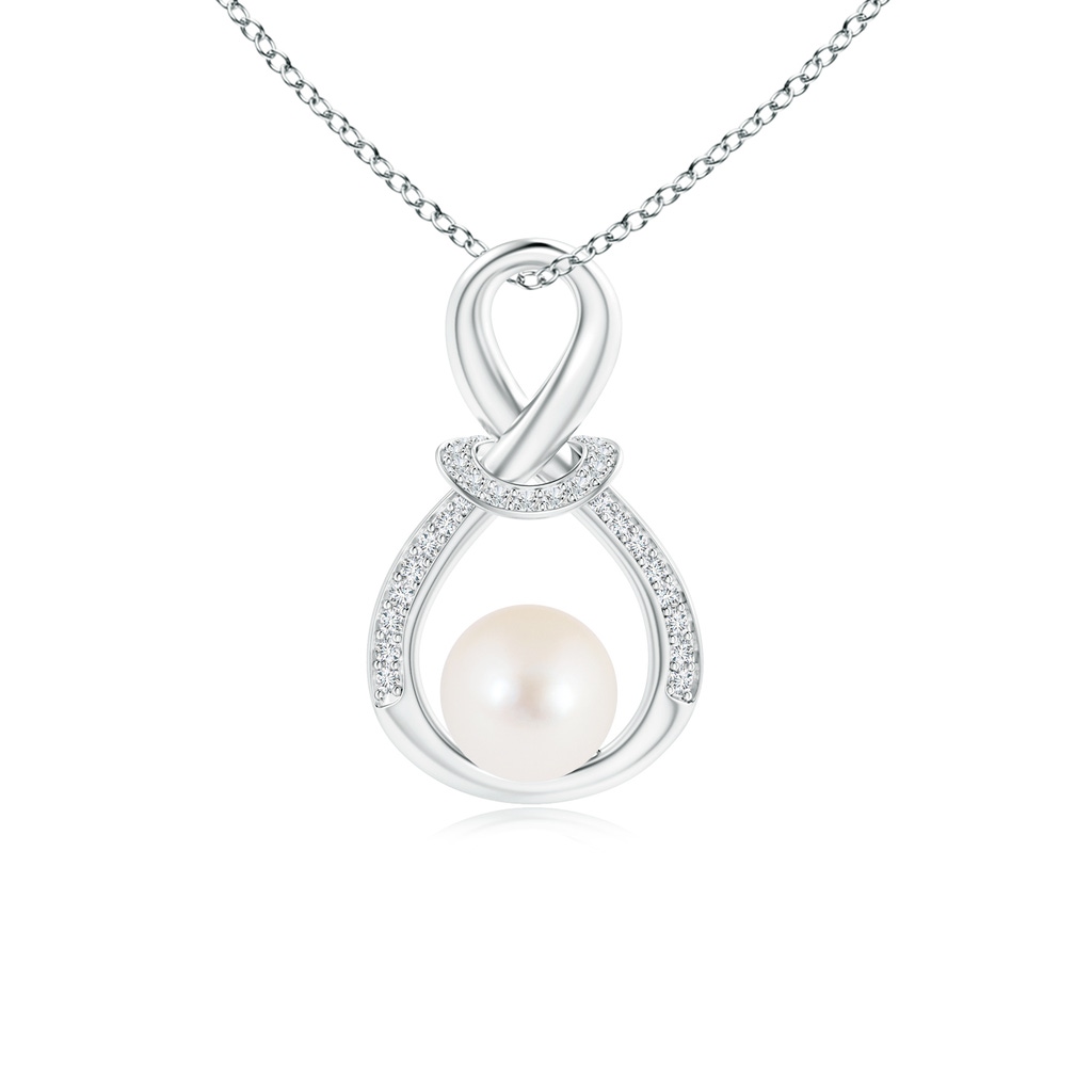 6mm AAA Freshwater Pearl Infinity Knot Pendant with Diamonds in White Gold