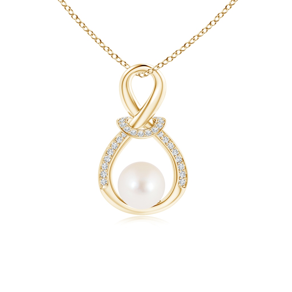 6mm AAA Freshwater Pearl Infinity Knot Pendant with Diamonds in Yellow Gold