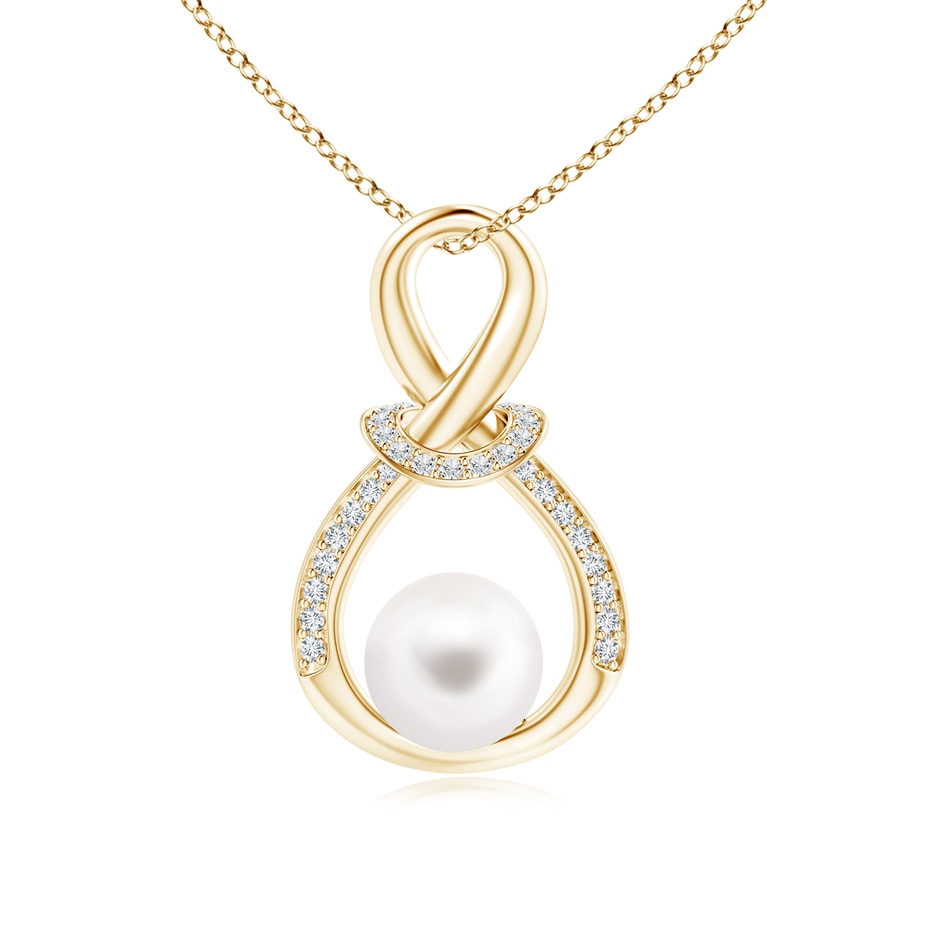 7mm AA Freshwater Pearl Infinity Knot Pendant with Diamonds in Yellow Gold 