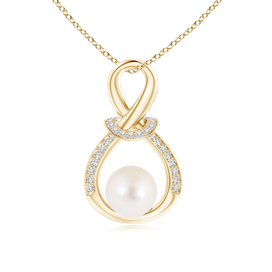 7mm AAA Freshwater Pearl Infinity Knot Pendant with Diamonds in Yellow Gold 