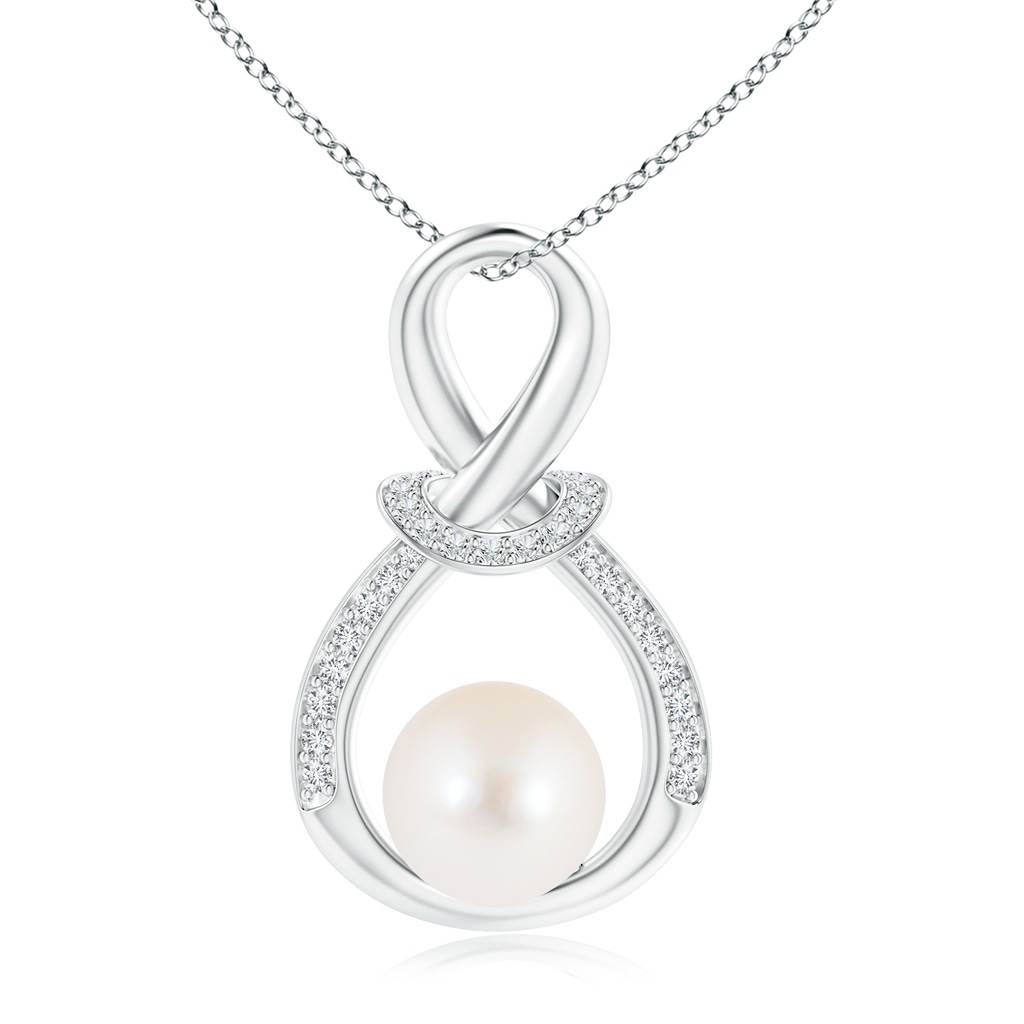 8mm AAA Freshwater Pearl Infinity Knot Pendant with Diamonds in White Gold