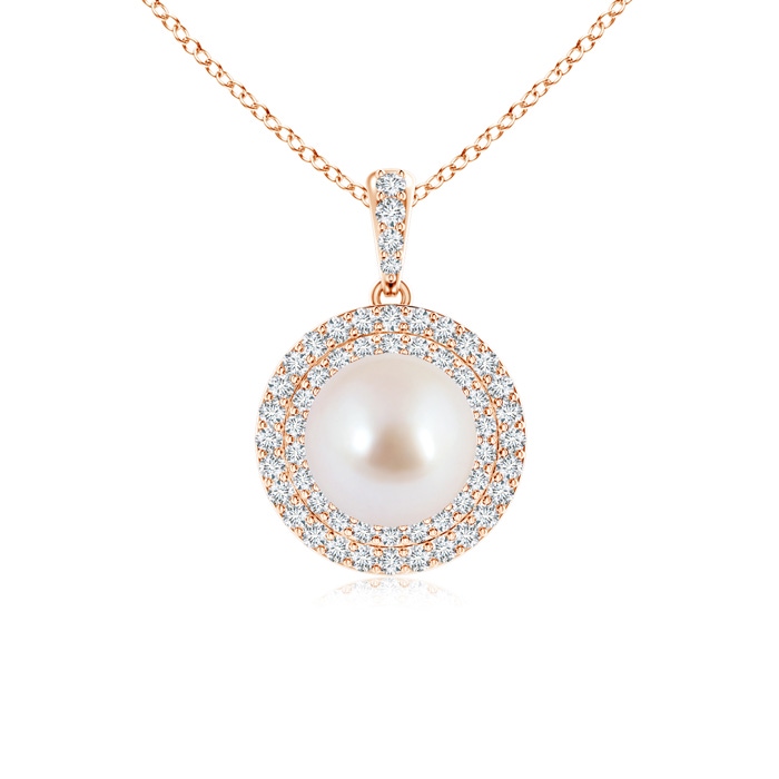 8mm AAA Akoya Cultured Pearl and Diamond Double Halo Pendant in Rose Gold