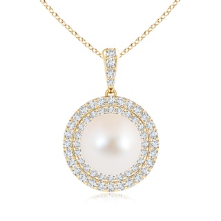 10mm AAA Freshwater Cultured Pearl and Diamond Double Halo Pendant in Yellow Gold
