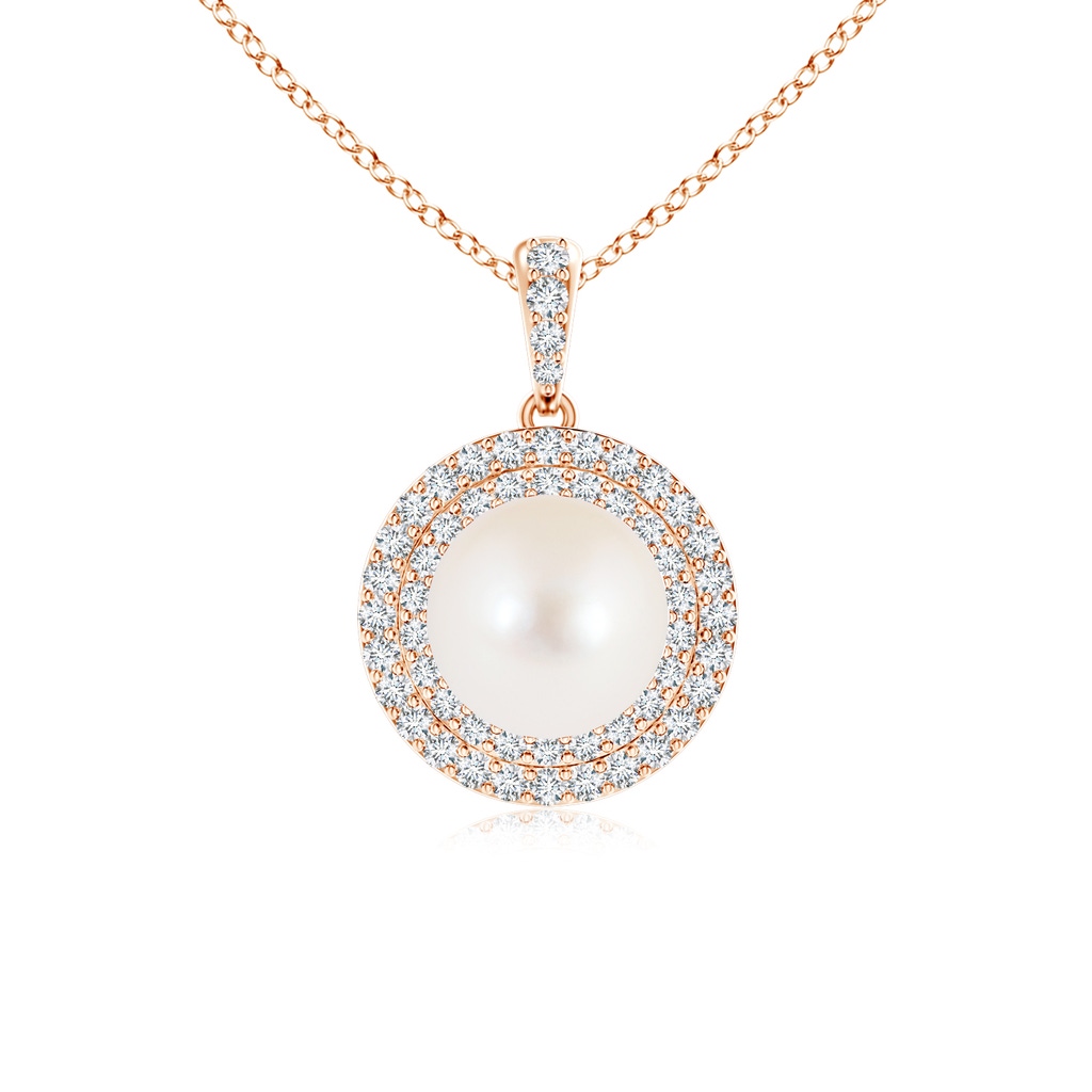 8mm AAA Freshwater Cultured Pearl and Diamond Double Halo Pendant in Rose Gold