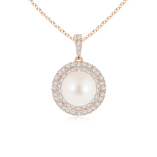 8mm AAA Freshwater Cultured Pearl and Diamond Double Halo Pendant in Rose Gold