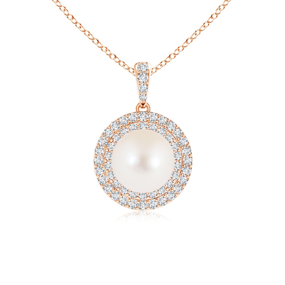 8mm AAA Freshwater Cultured Pearl and Diamond Double Halo Pendant in Rose Gold 