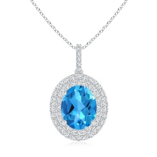 10x8mm AAAA Oval Swiss Blue Topaz Dangle Pendant with Diamond Double Halo in 9K White Gold