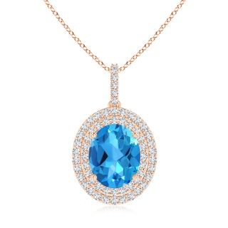 10x8mm AAAA Oval Swiss Blue Topaz Dangle Pendant with Diamond Double Halo in Rose Gold