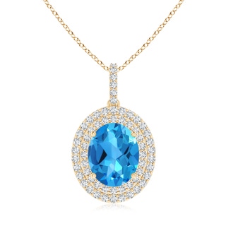 10x8mm AAAA Oval Swiss Blue Topaz Dangle Pendant with Diamond Double Halo in Yellow Gold