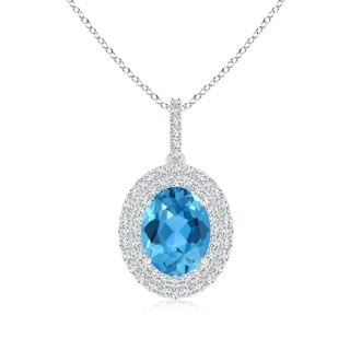 9x7mm AAA Oval Swiss Blue Topaz Dangle Pendant with Diamond Double Halo in White Gold