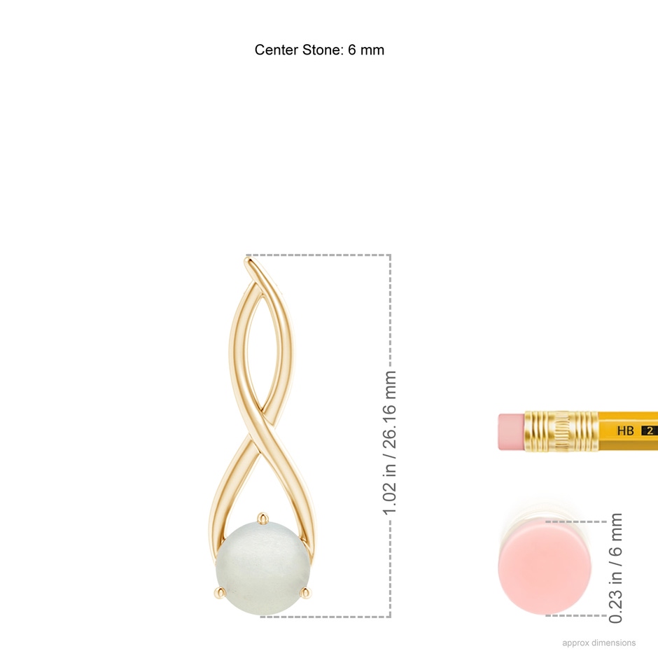 6mm AA Round Moonstone Infinity Twist Pendant in Yellow Gold ruler