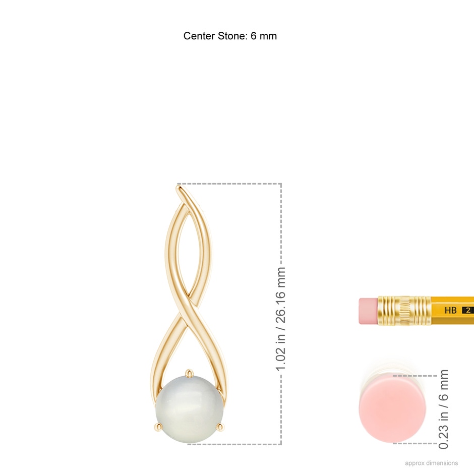 6mm AAA Round Moonstone Infinity Twist Pendant in Yellow Gold ruler