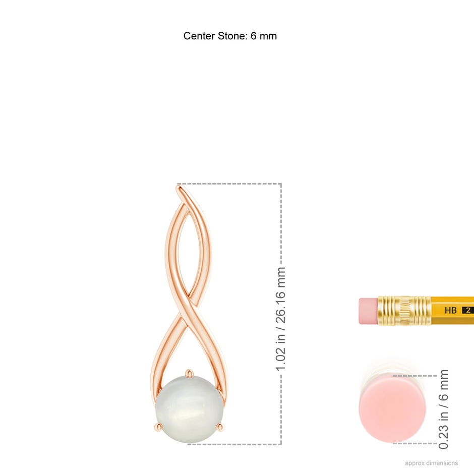 6mm AAAA Round Moonstone Infinity Twist Pendant in Rose Gold ruler