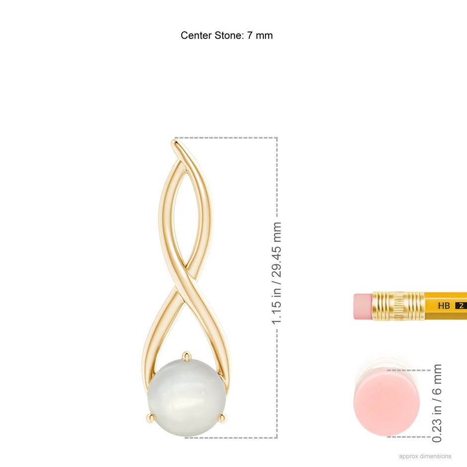 7mm AAAA Round Moonstone Infinity Twist Pendant in Yellow Gold ruler