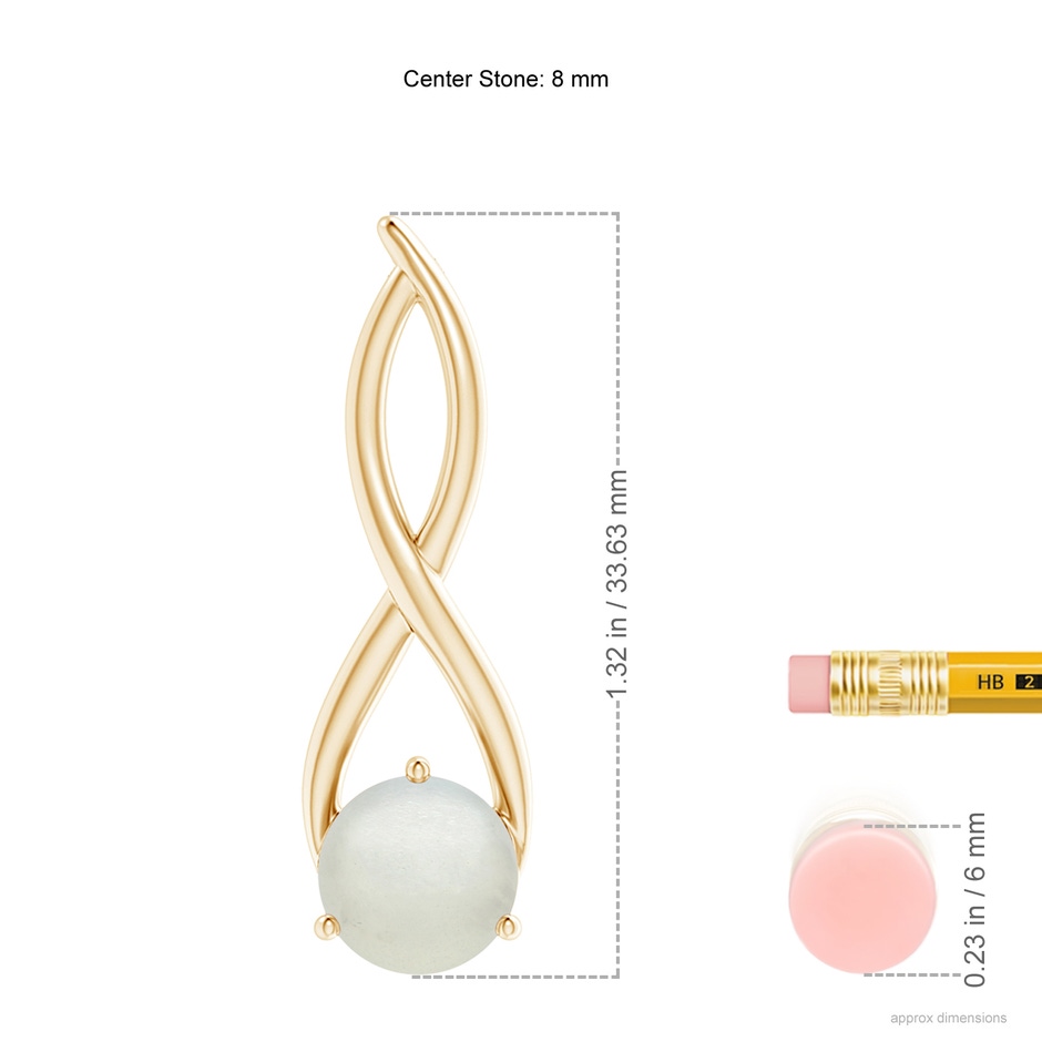 8mm AA Round Moonstone Infinity Twist Pendant in Yellow Gold ruler