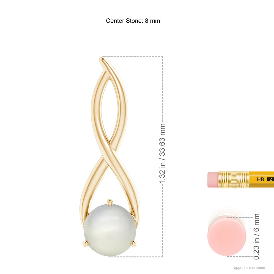 8mm AAA Round Moonstone Infinity Twist Pendant in Yellow Gold ruler