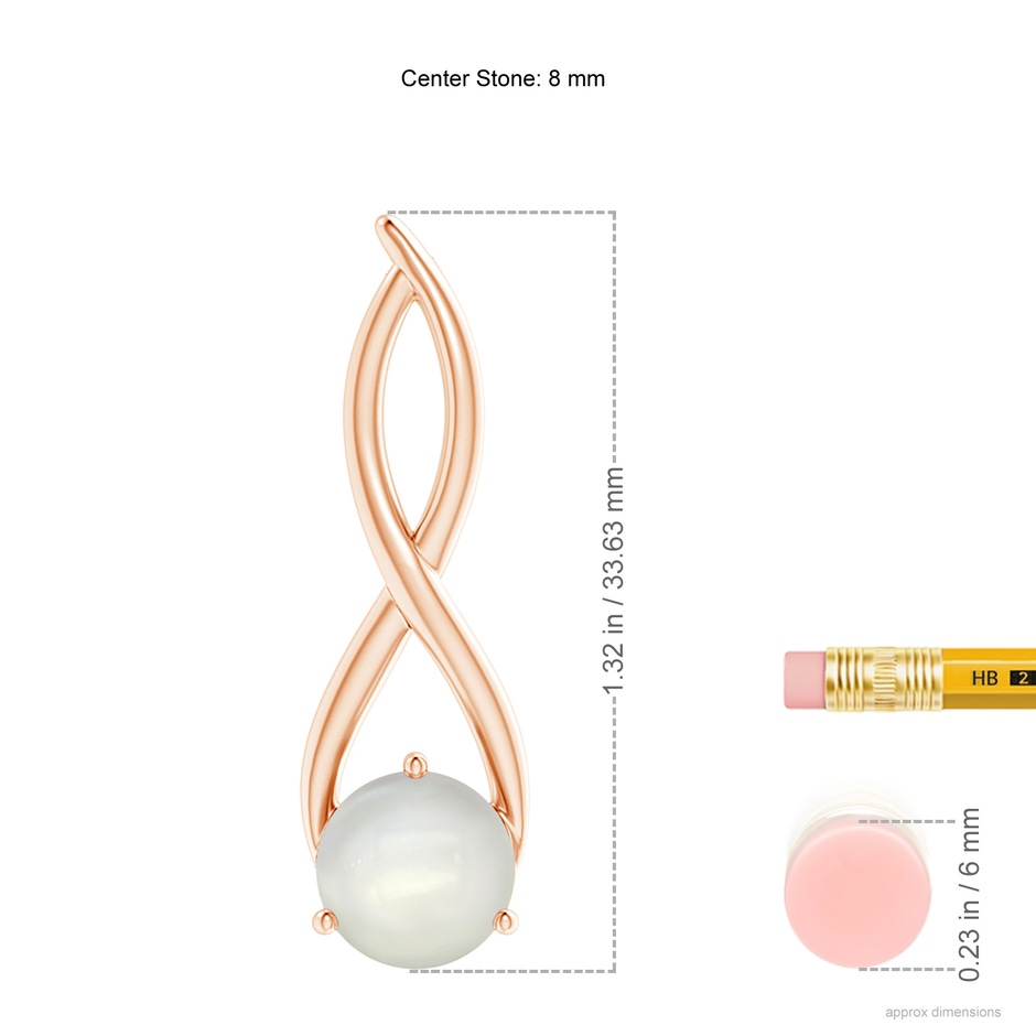 8mm AAAA Round Moonstone Infinity Twist Pendant in Rose Gold ruler