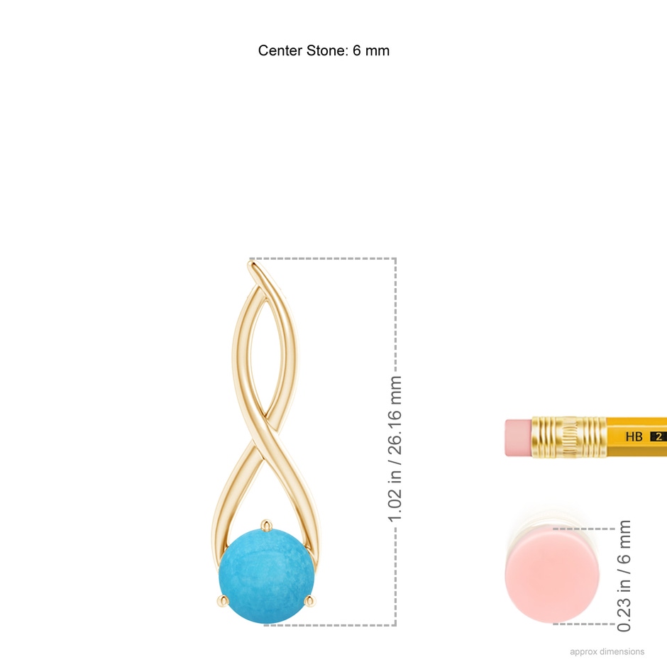 6mm A Round Turquoise Infinity Twist Pendant in Yellow Gold ruler
