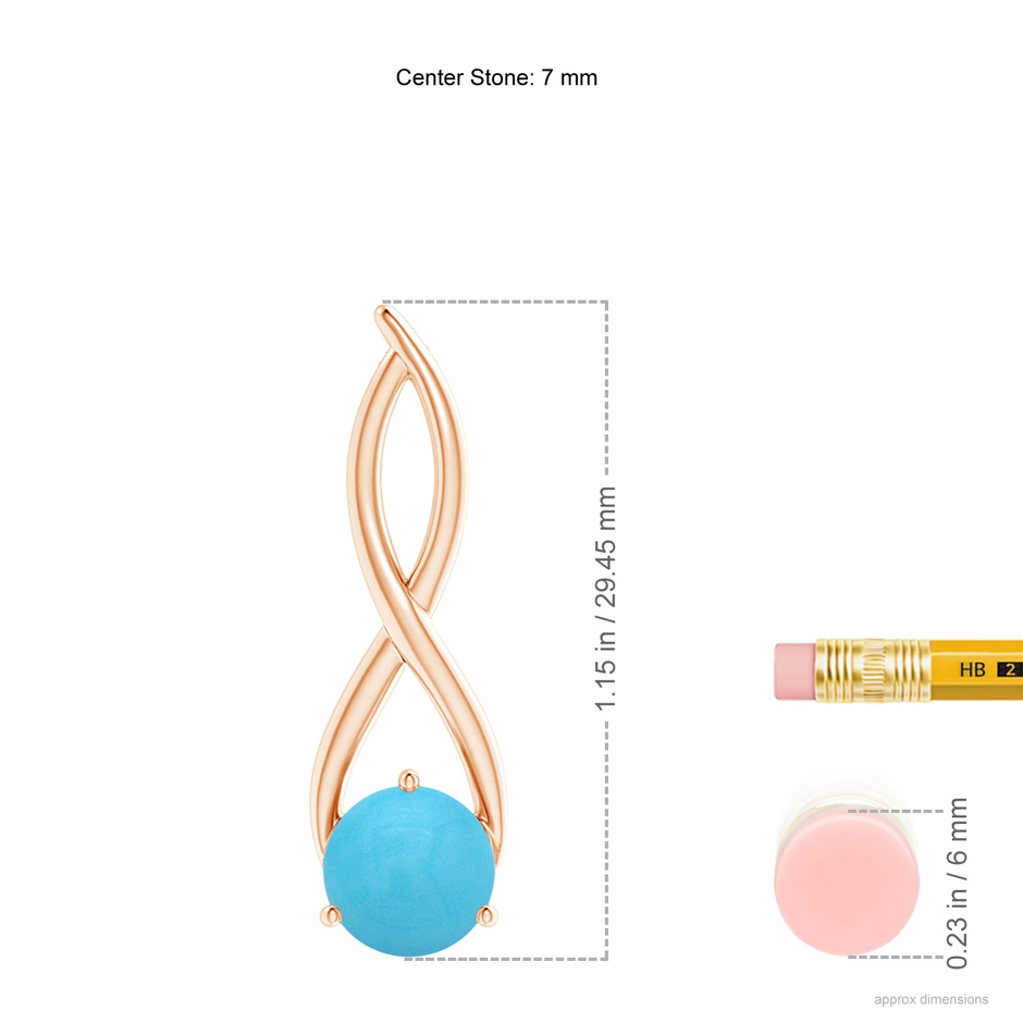 7mm AA Round Turquoise Infinity Twist Pendant in Rose Gold ruler