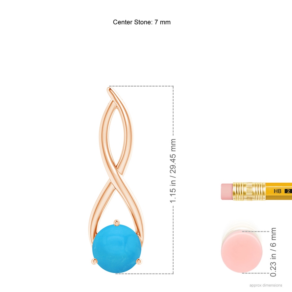 7mm AAAA Round Turquoise Infinity Twist Pendant in Rose Gold ruler