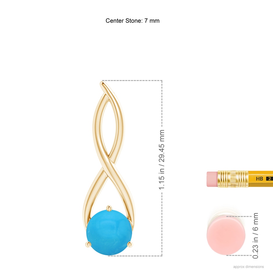7mm AAAA Round Turquoise Infinity Twist Pendant in Yellow Gold ruler