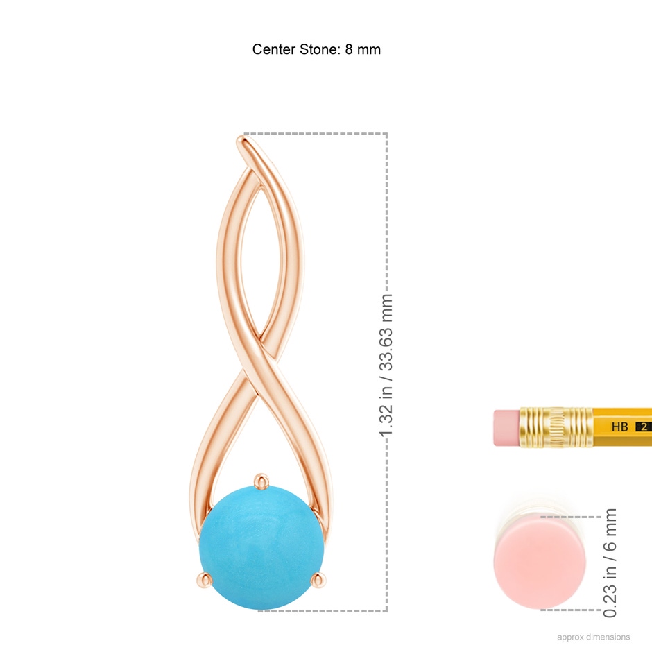 8mm AA Round Turquoise Infinity Twist Pendant in Rose Gold ruler